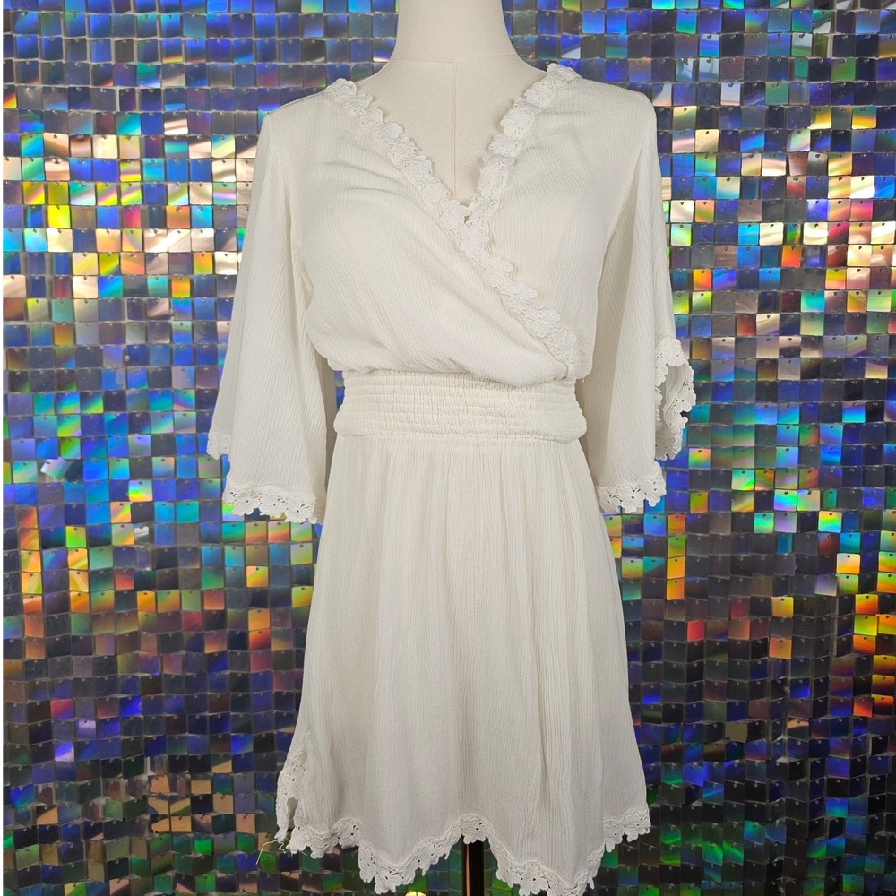 Lulus Mini Dress Womens Medium Ivory Excellent Crochet Lace Smocked Waist Boho